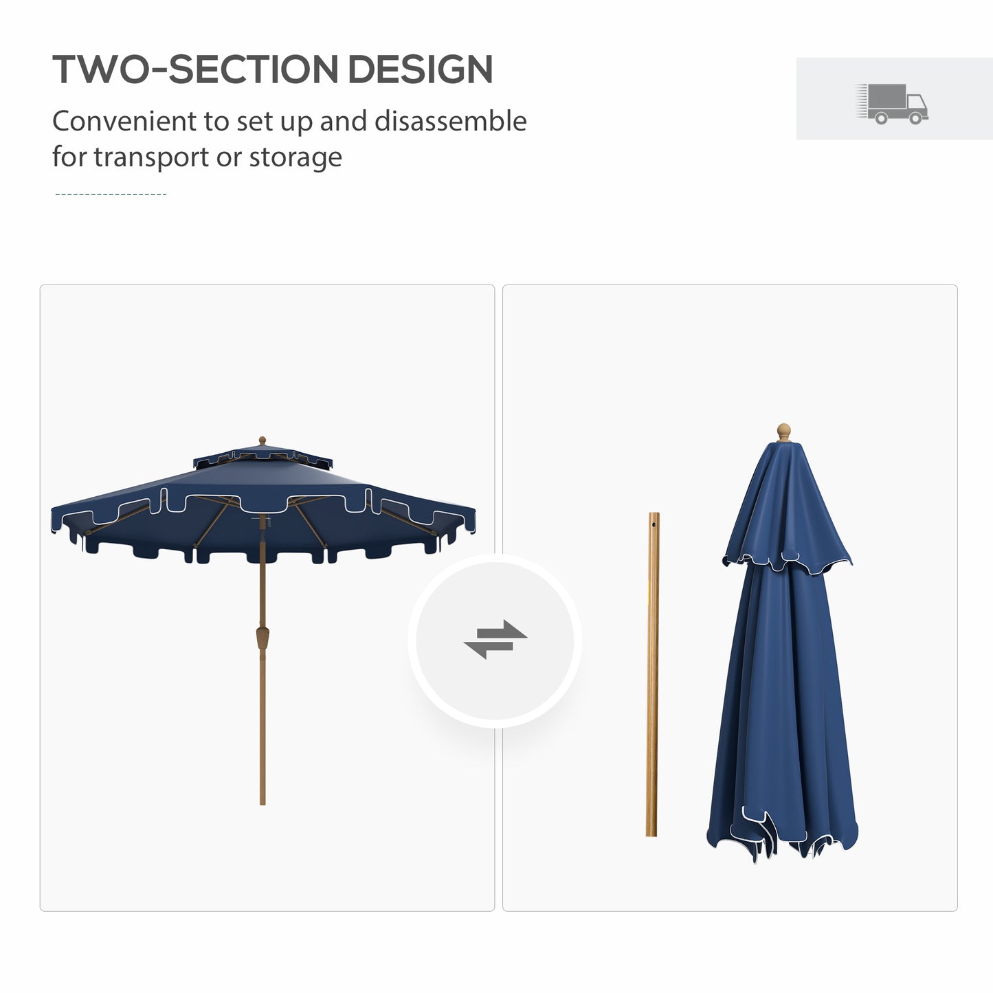 Navy blue patio umbrella with scalloped edge wood pole and white trim