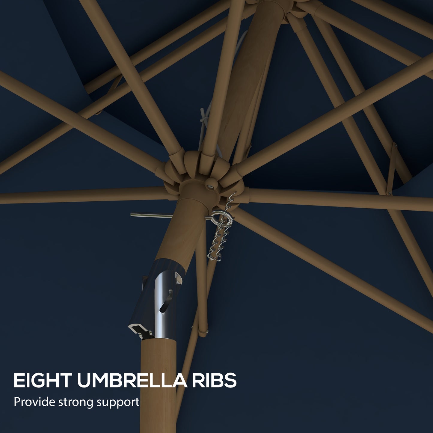 Closeup of navy blue patio umbrella with visible wooden ribs and metal mechanism