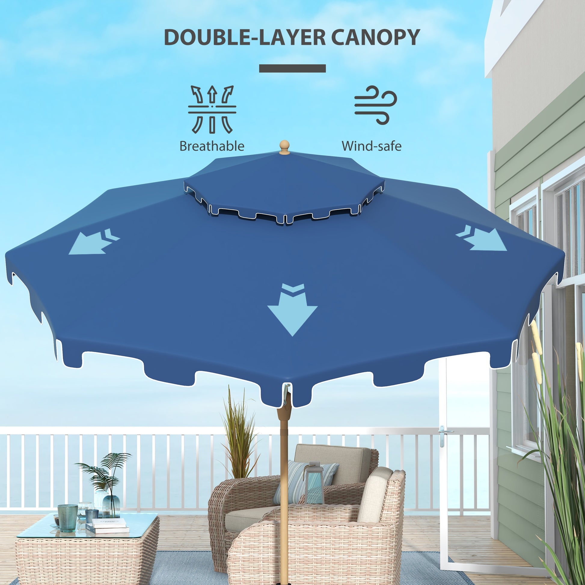 Dark blue doublelayer patio umbrella with wind vent design for outdoor shade