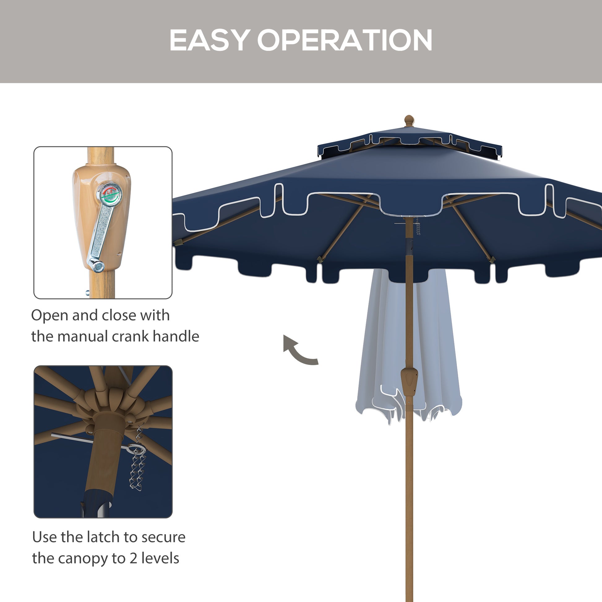 Navy patio umbrella with scalloped white trim and wooden pole with crank