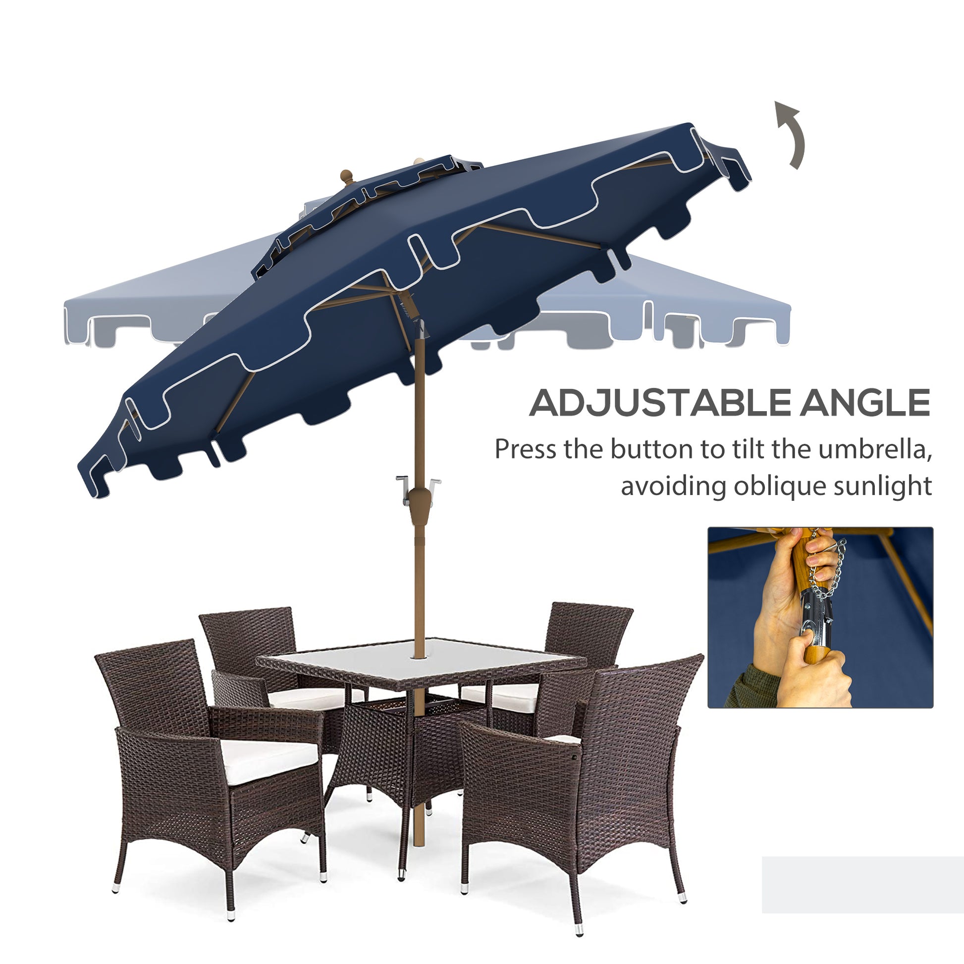 Navy blue patio umbrella with adjustable angle mechanism shown with wicker dining set