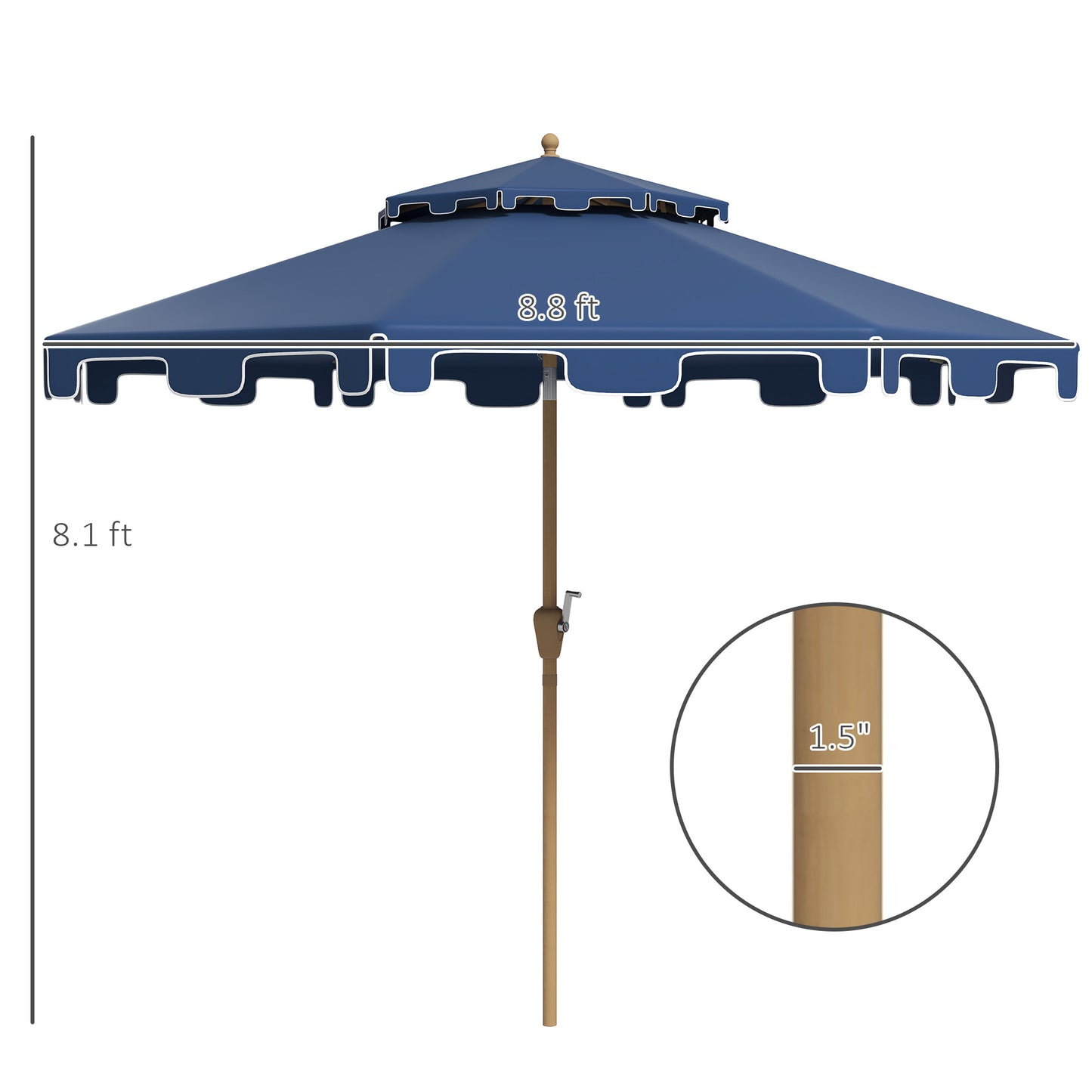 Navy blue patio umbrella with scalloped edge detail  ft wide