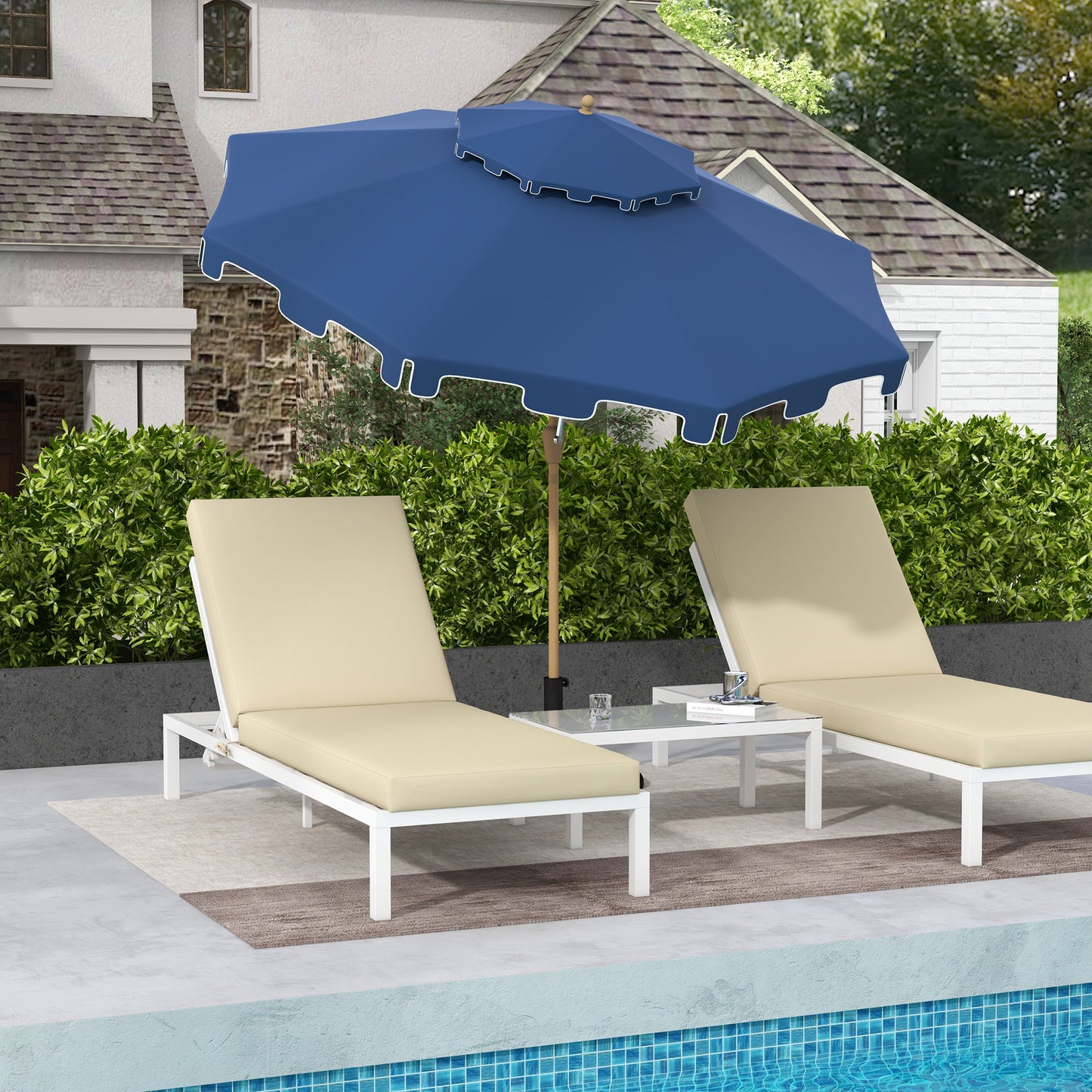 Two white metal frame chaise lounges with beige cushions next to pool
