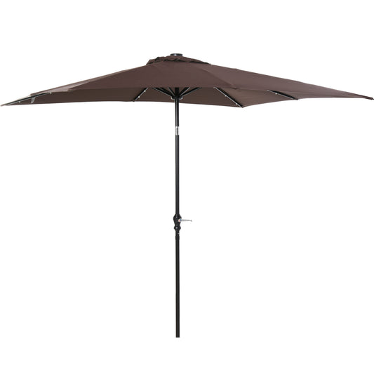 Brown outdoor patio umbrella with crank lift mechanism for easy adjustability
