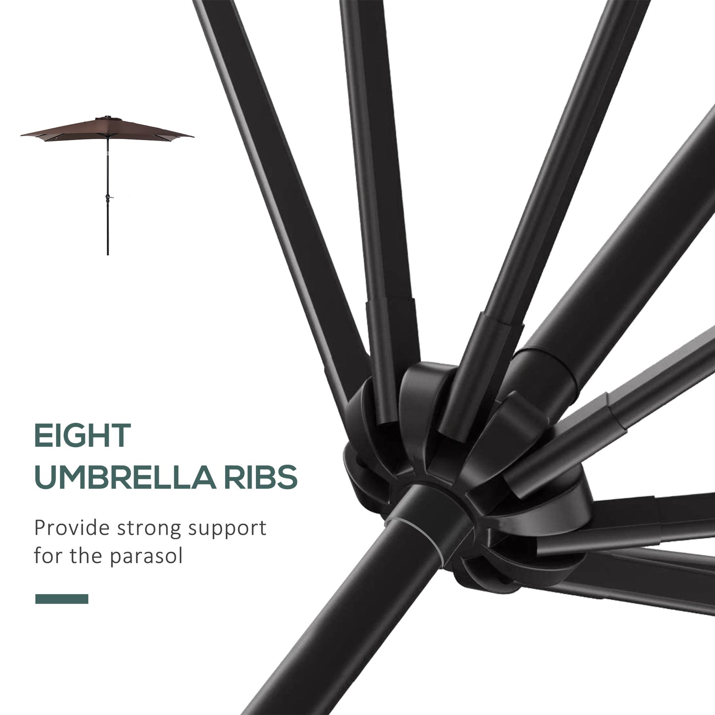Brown patio umbrella with a sturdy black frame showcasing eight supporting ribs