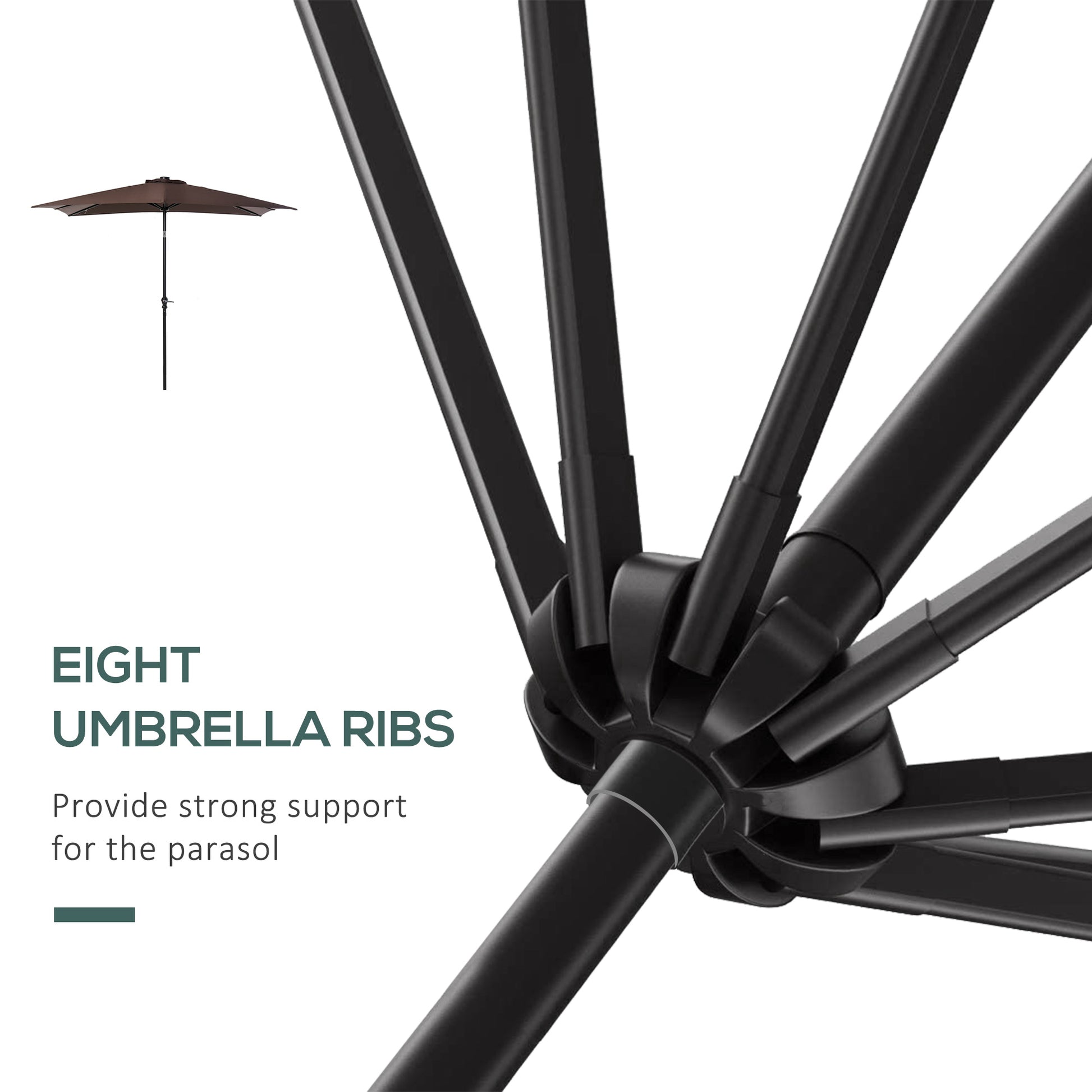 Brown patio umbrella with a sturdy black frame showcasing eight supporting ribs