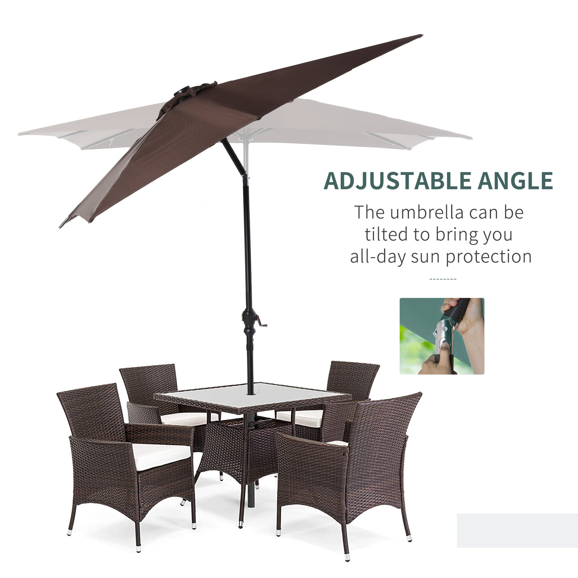 Brown patio umbrella with adjustable tilt shown over a wicker dining set