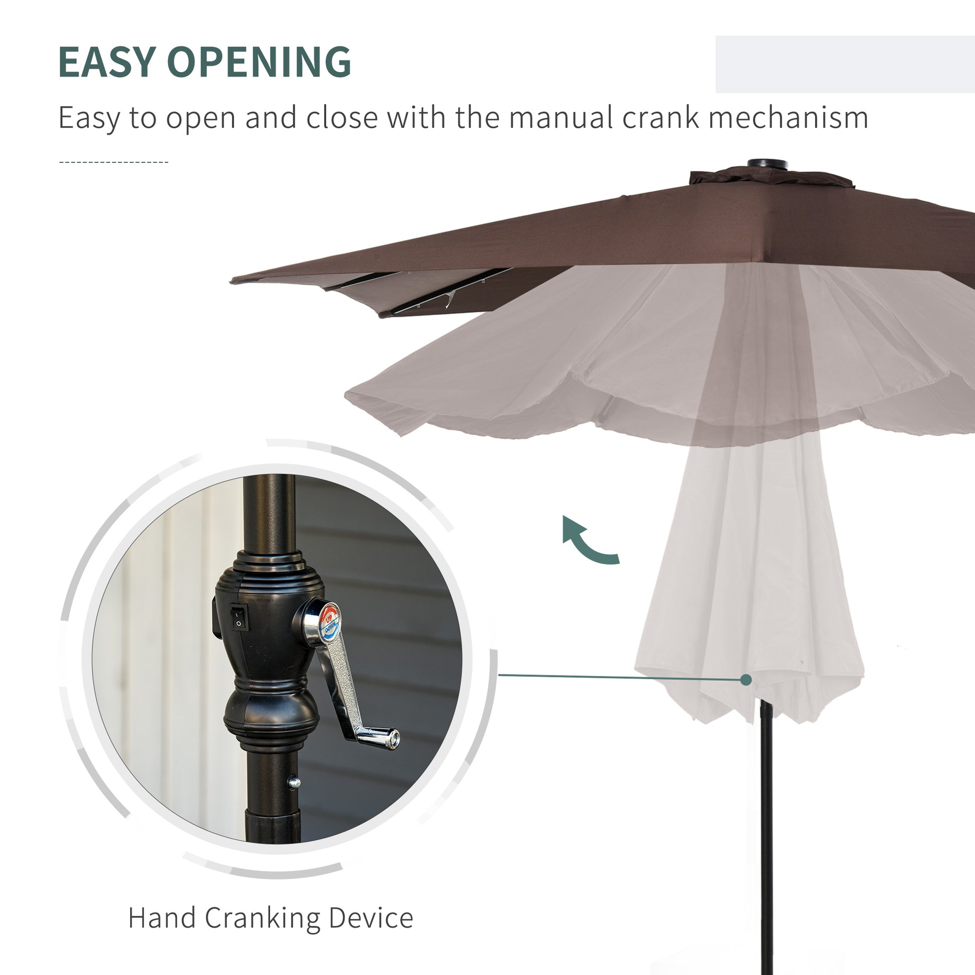 Brown patio umbrella with a silver hand crank mechanism for easy operation