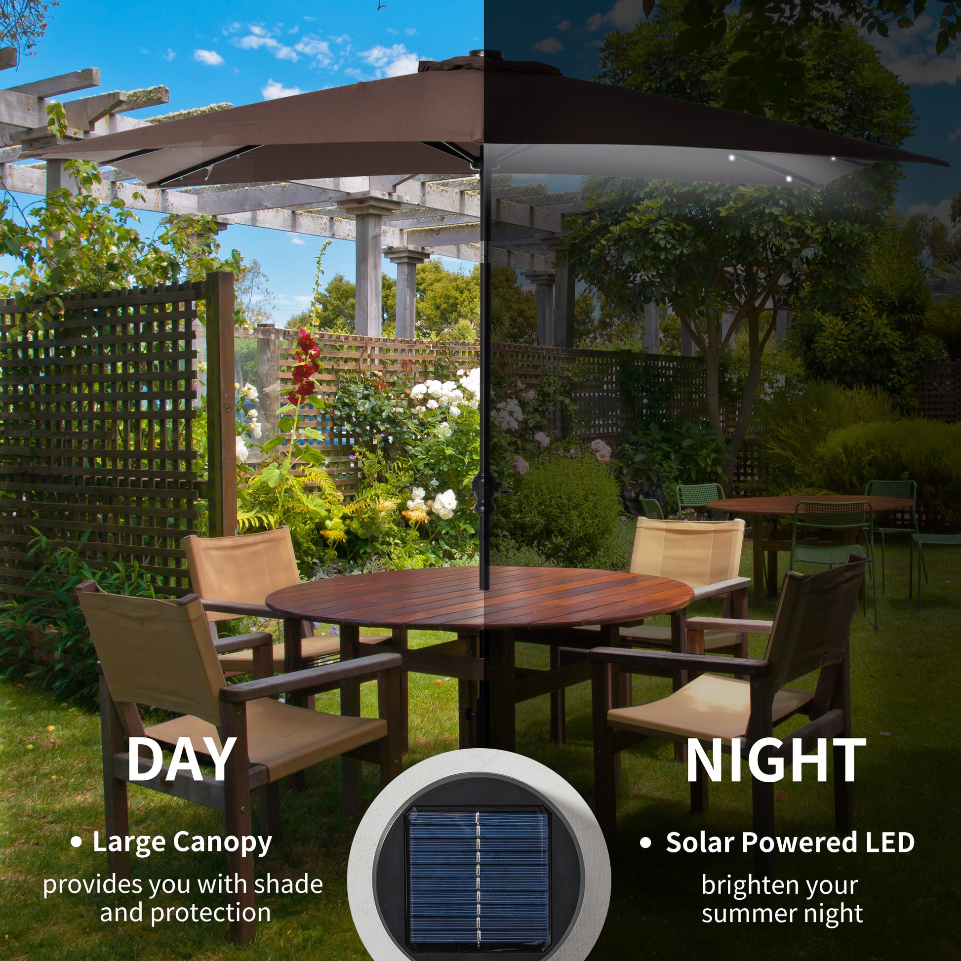 Brown patio umbrella with integrated solar powered LEDs for nighttime ambiance