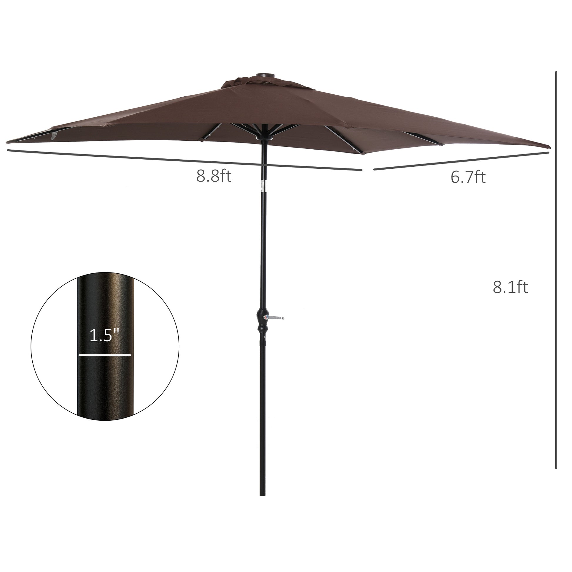 Brown square patio umbrella with ft width and  inch pole