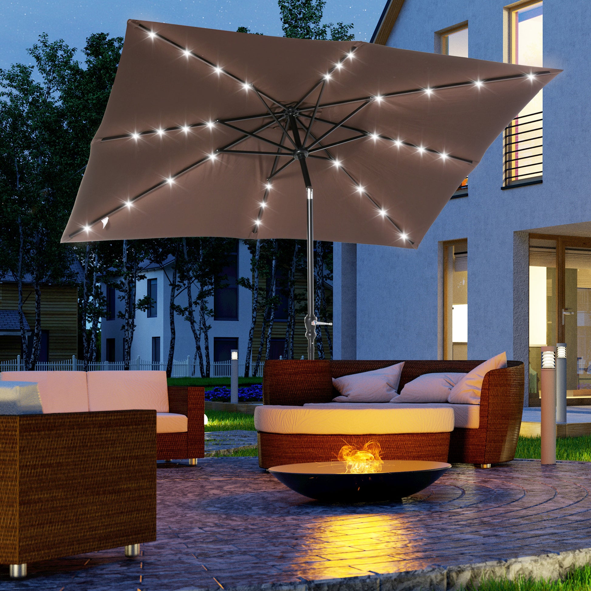 Brown patio umbrella with integrated LED lights for evening ambiance