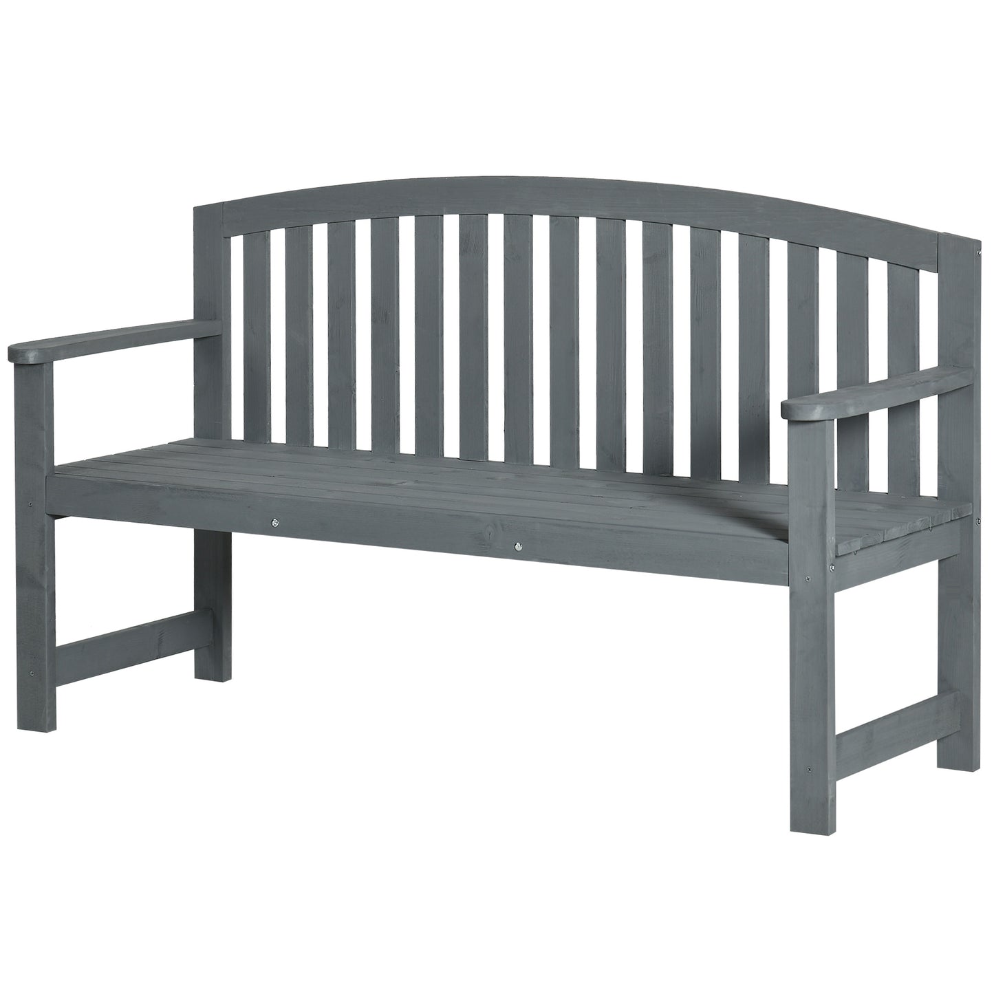 Gray wooden park bench with curved back and slatted seat perfect for outdoor seating