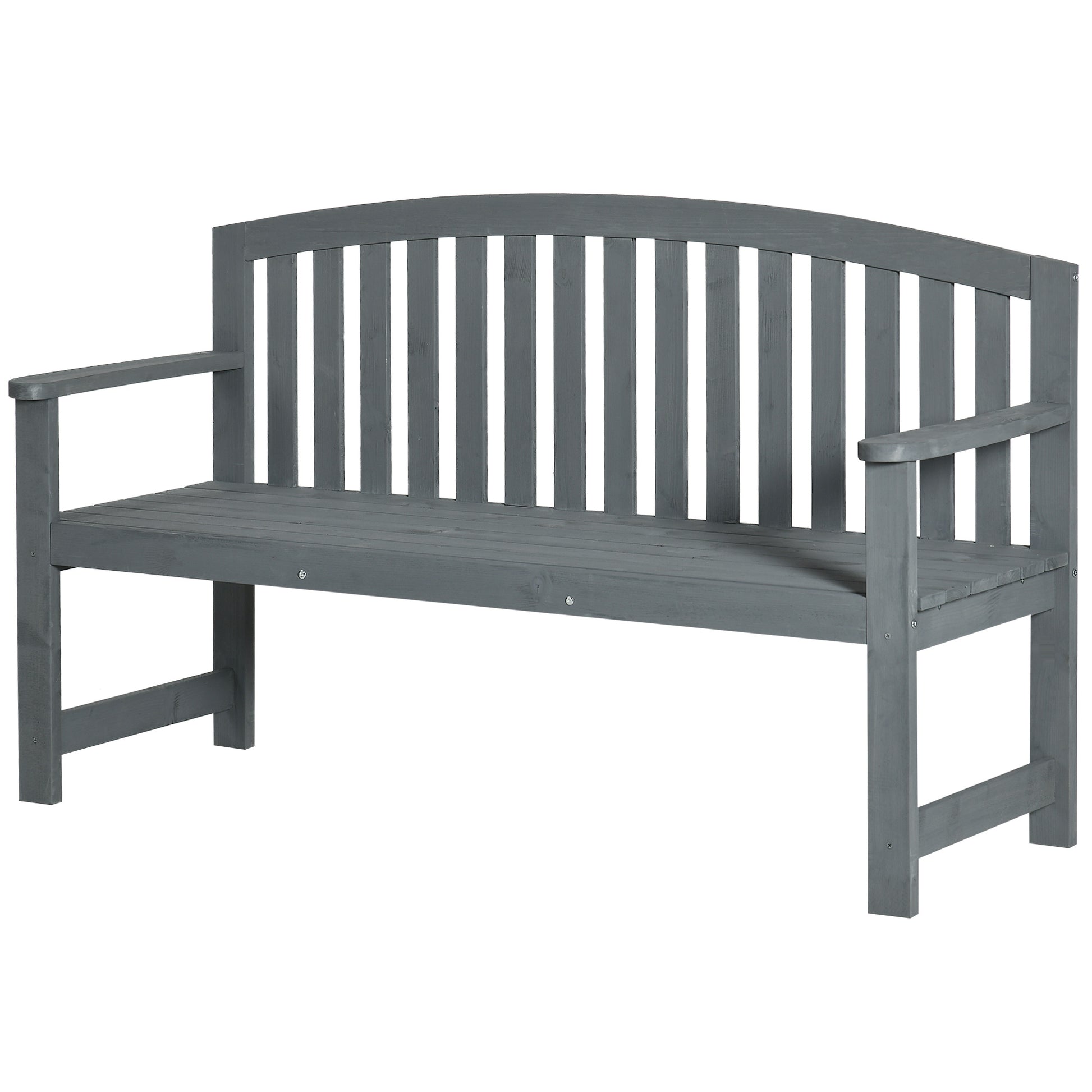 Gray wooden park bench with curved back and slatted seat perfect for outdoor seating