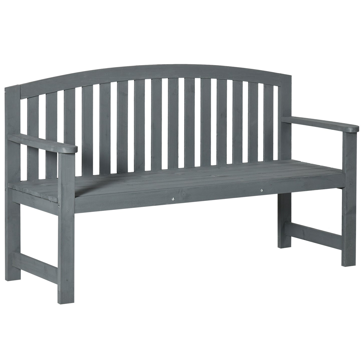 Gray wooden garden bench with slatted seat and curved back