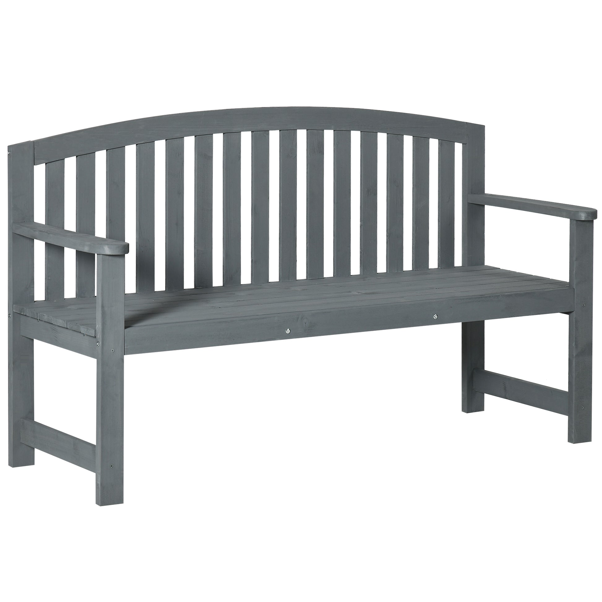 Gray wooden garden bench with slatted seat and curved back