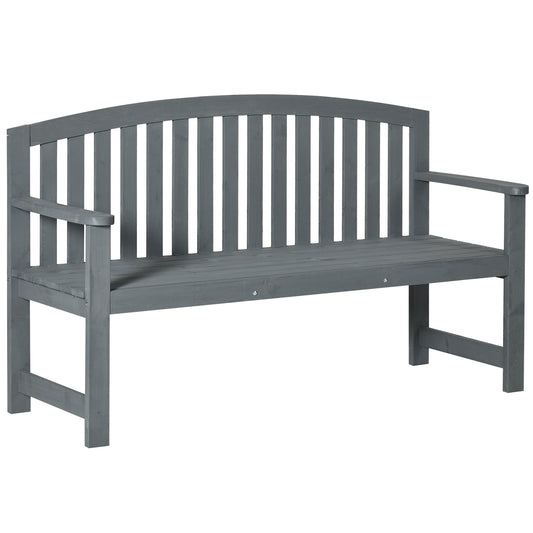 Gray wooden garden bench with slatted seat and curved back