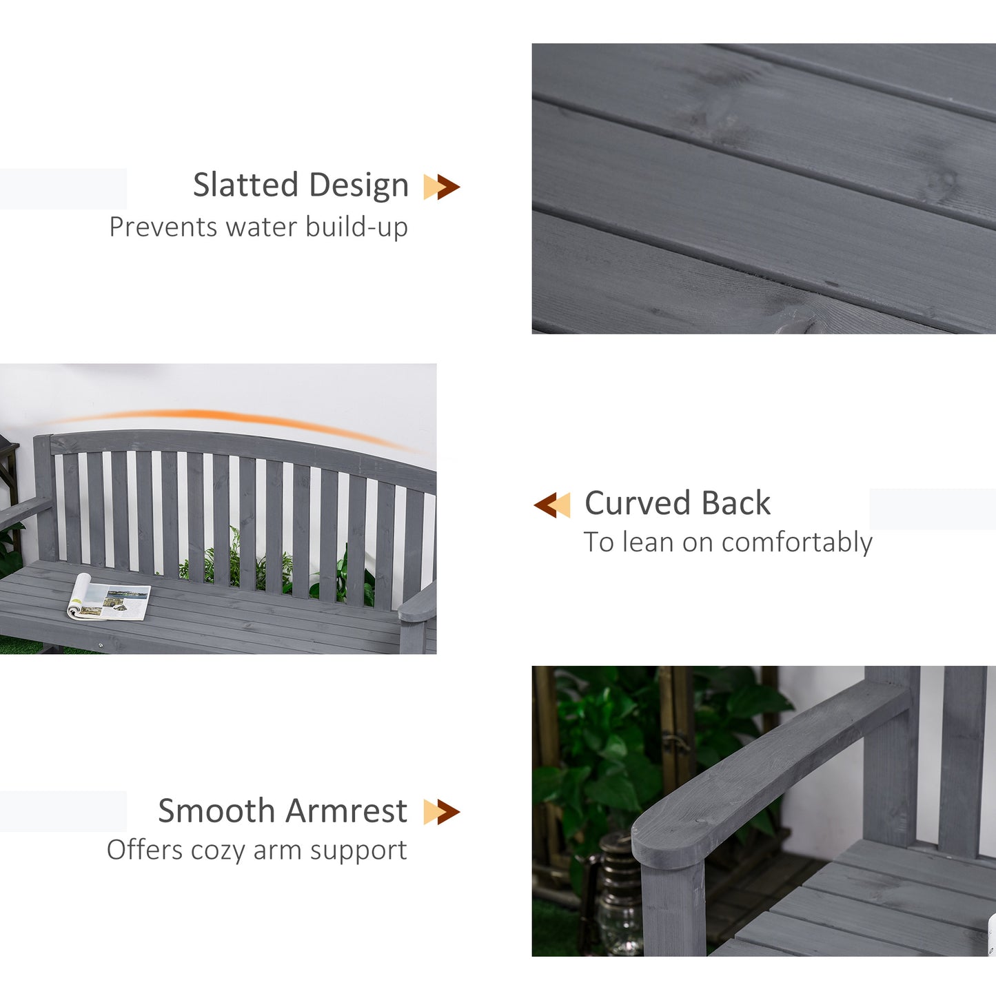 Gray wooden outdoor bench with slatted seat design prevents water buildup