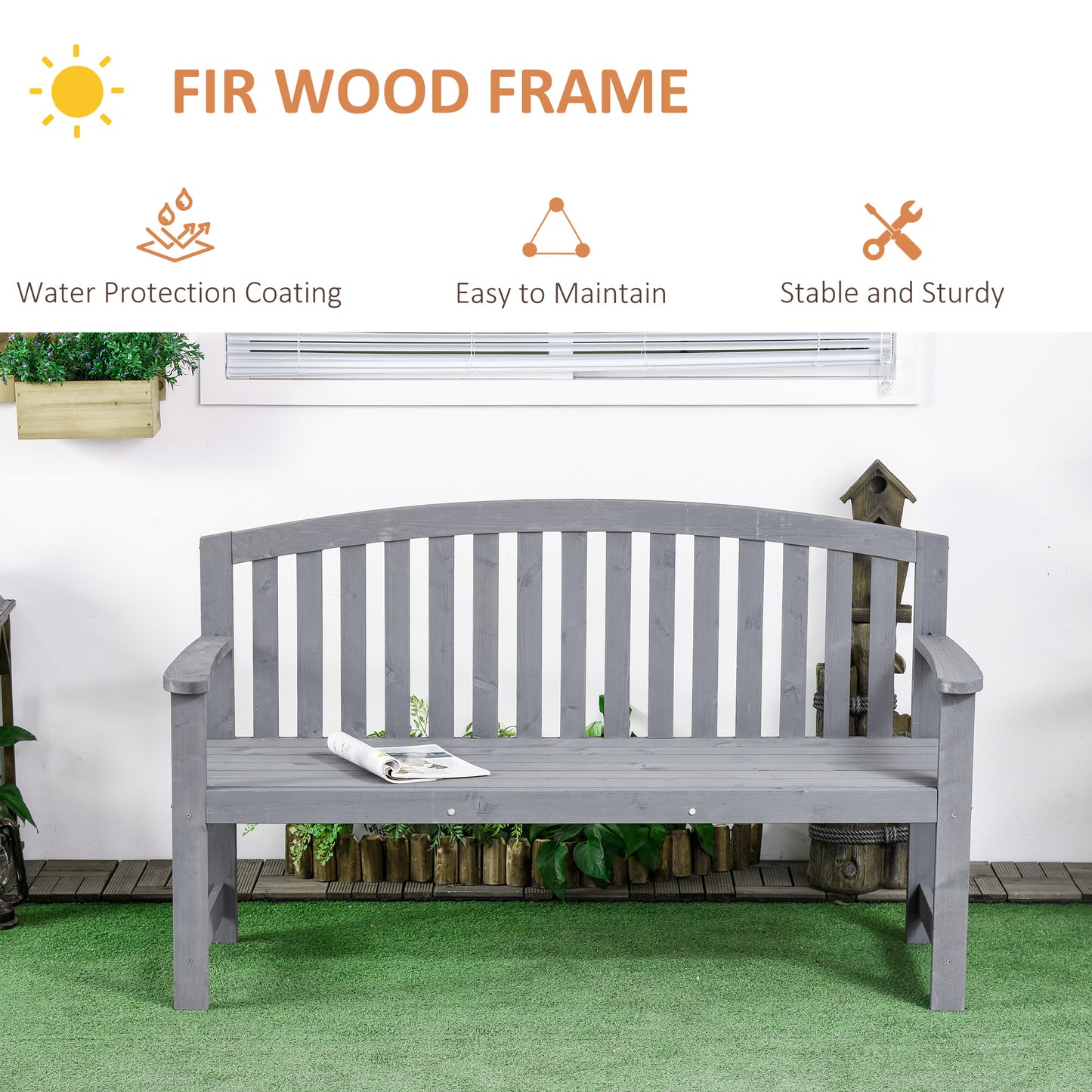 Grey fir wood garden bench with slatted back and seat
