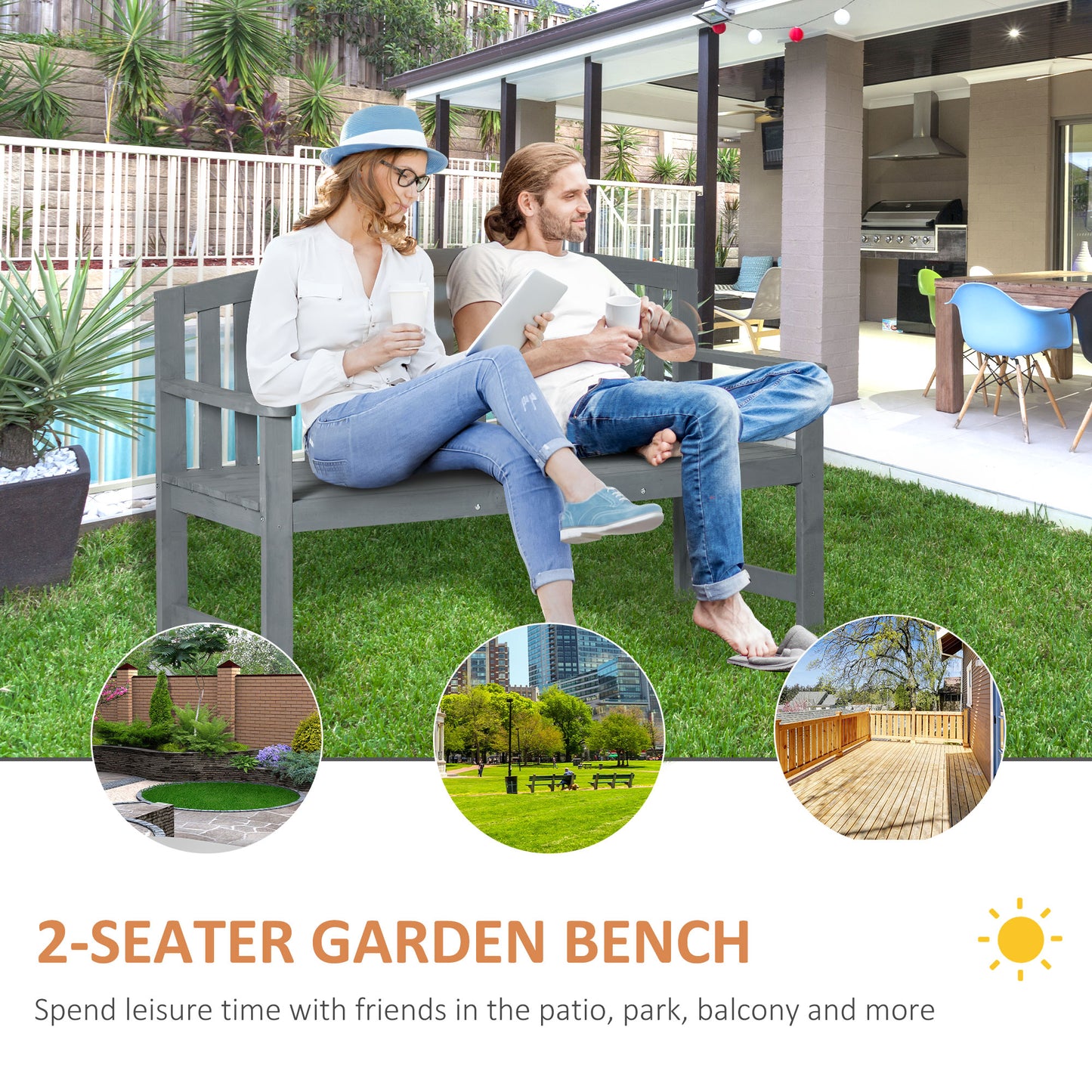 Gray wooden seater garden bench with a couple relaxing outdoors