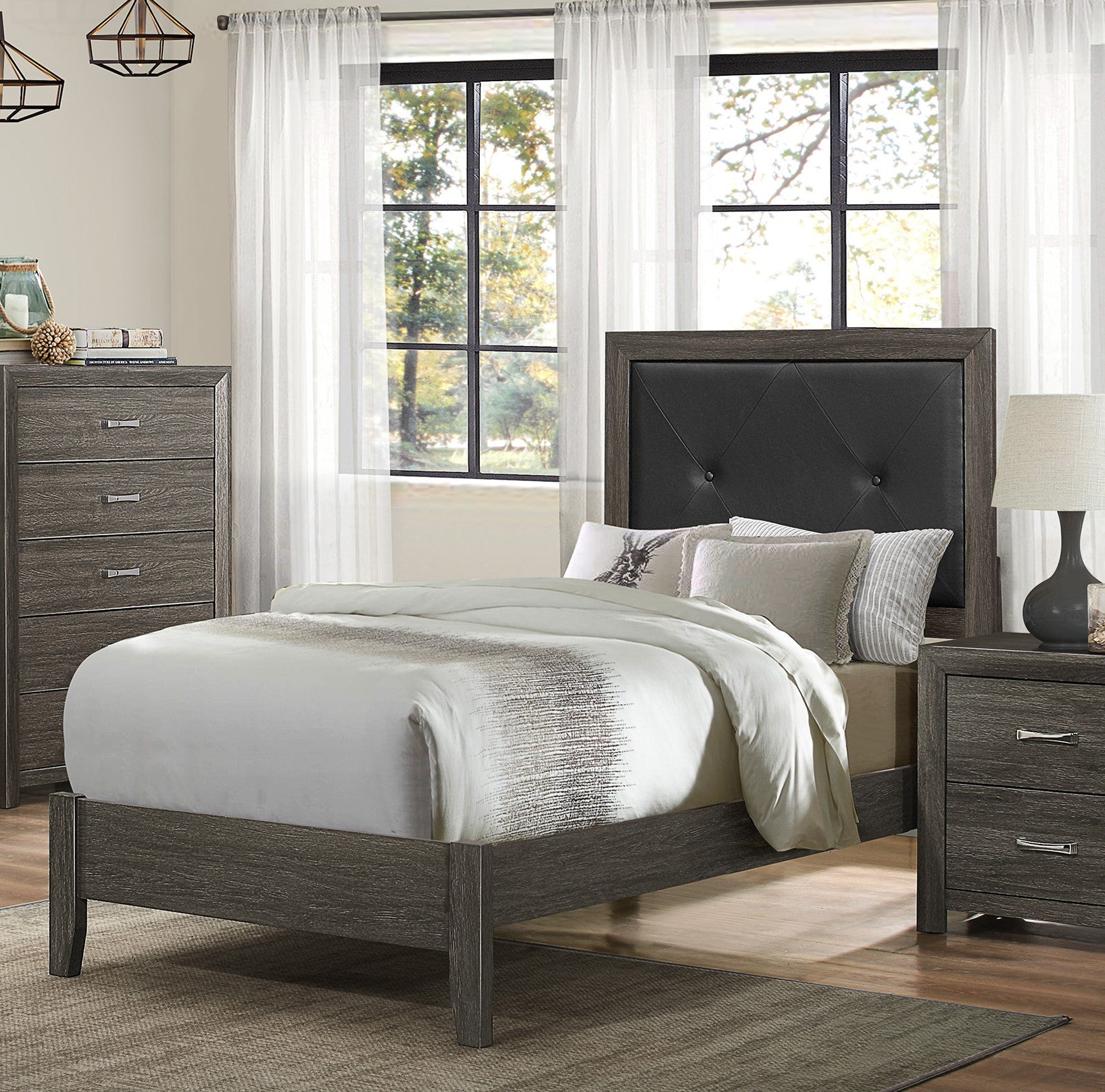 Gray wood panel bed frame with tufted black leather headboard