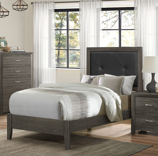 Gray wood panel bed frame with tufted black leather headboard