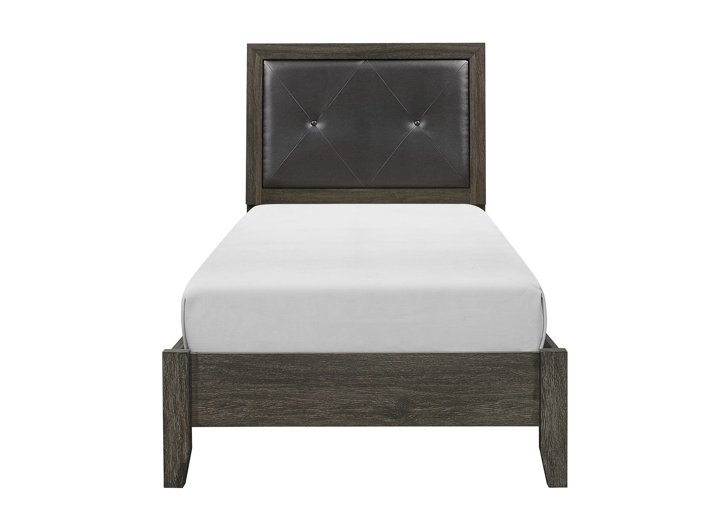 Dark wood twin bed frame with tufted charcoal gray headboard and white mattress