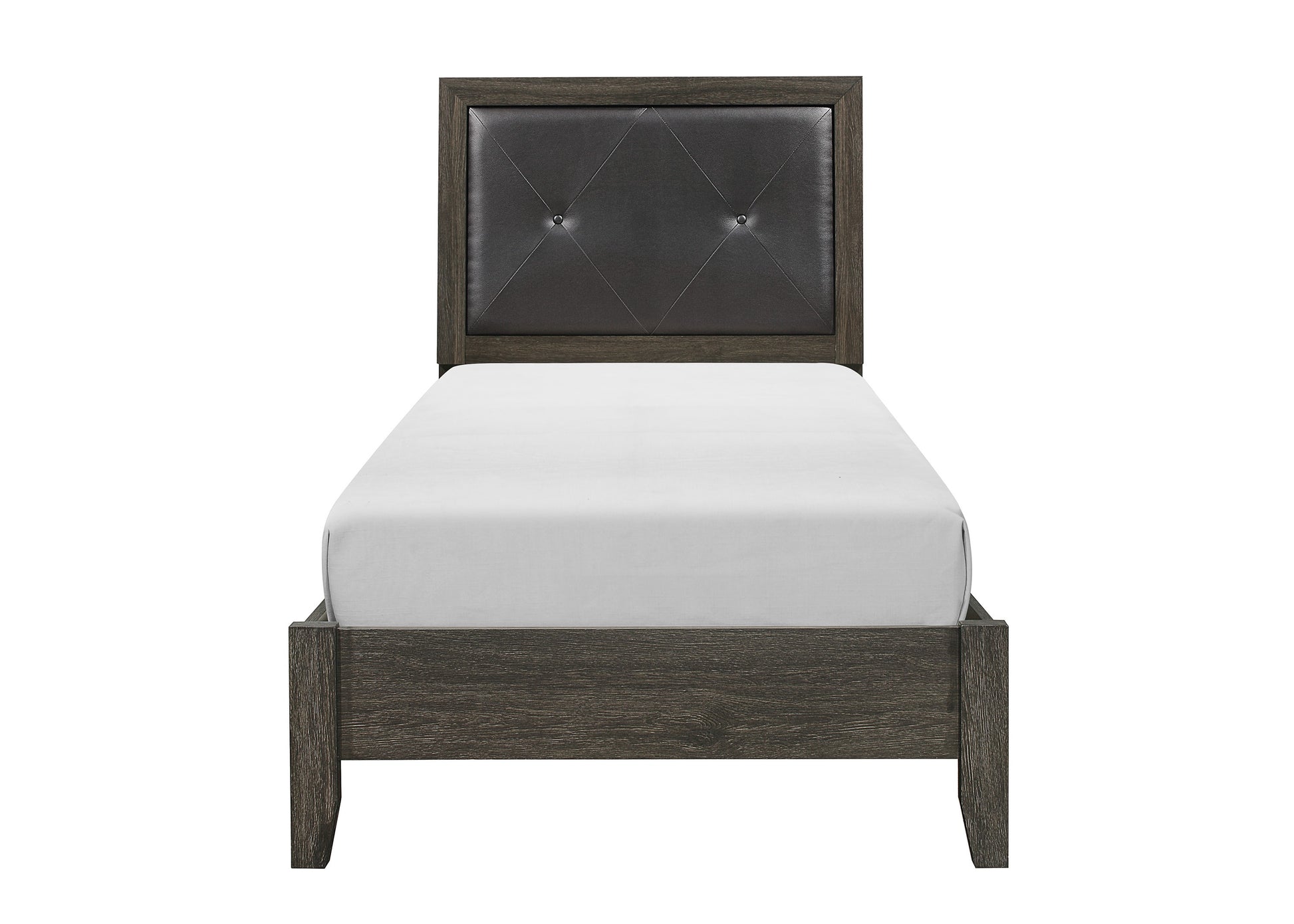 Dark wood twin bed frame with tufted charcoal gray headboard and white mattress