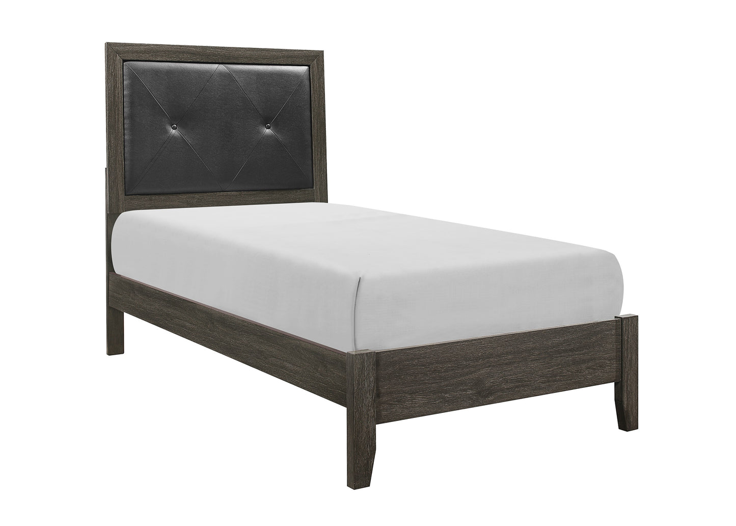 Dark wood twin bed with tufted black leather headboard and white mattress