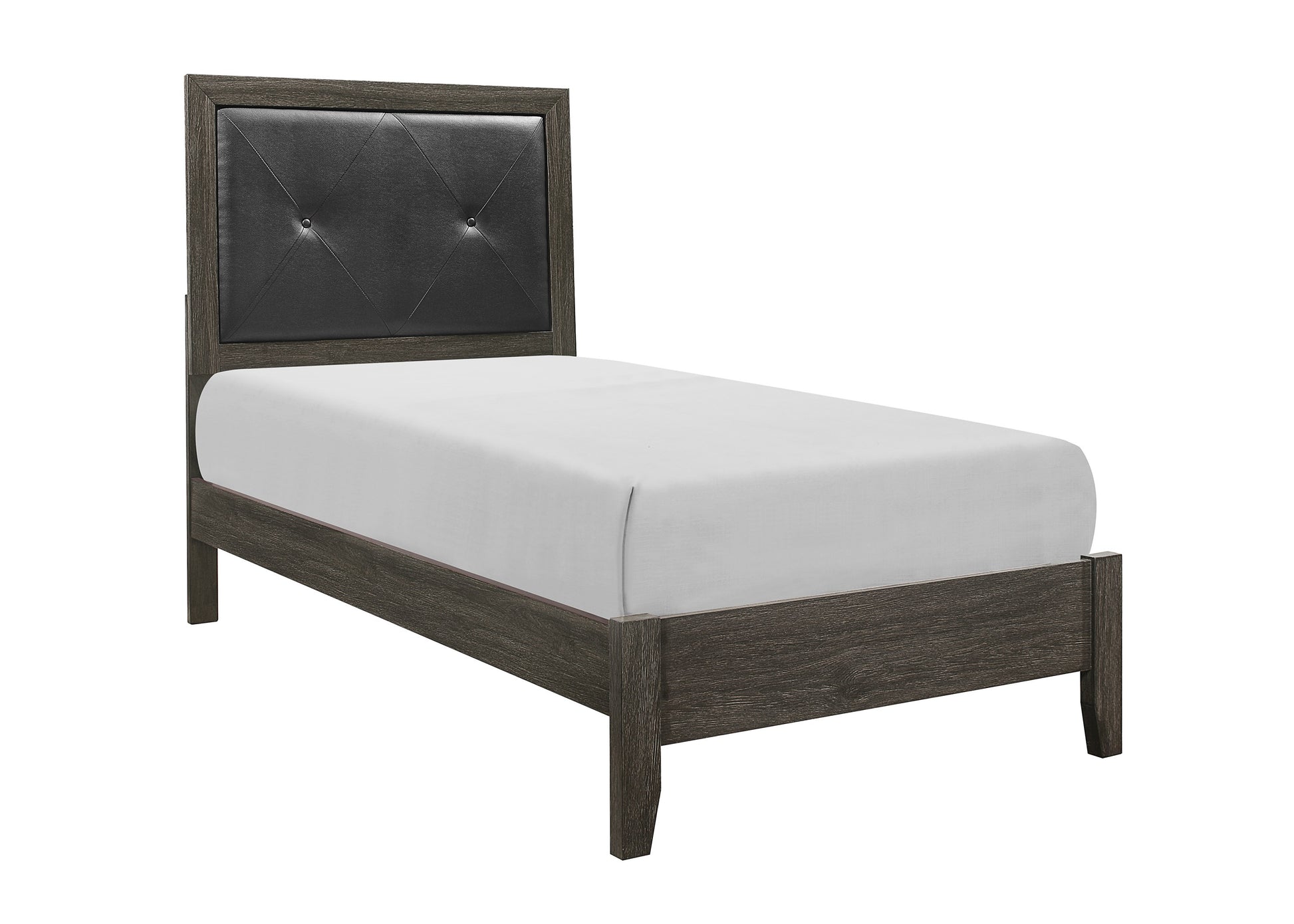 Dark wood twin bed with tufted black leather headboard and white mattress