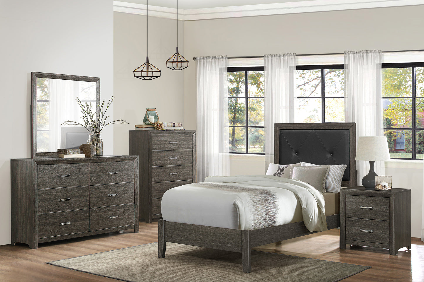 Gray oak finish bed frame with tufted headboard