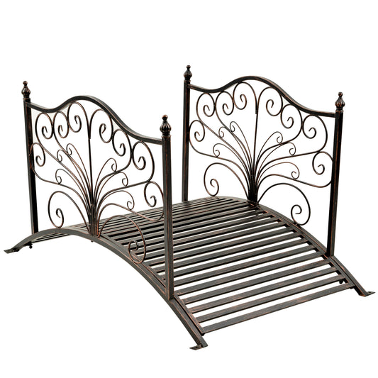 Ornate wrought iron garden bridge with decorative scrollwork and a bronze finish