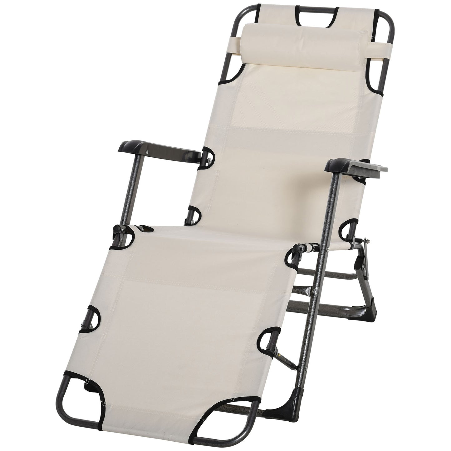 Cream reclining patio chair with adjustable headrest and dark metal frame