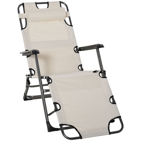 Cream zero gravity chair with adjustable headrest and padded armrests for relaxation