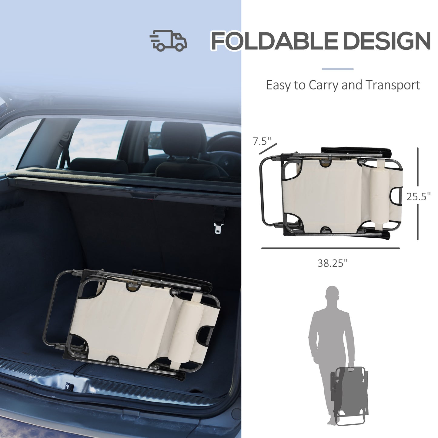 Beige canvas and metal folding cot easily fits in car trunk for travel
