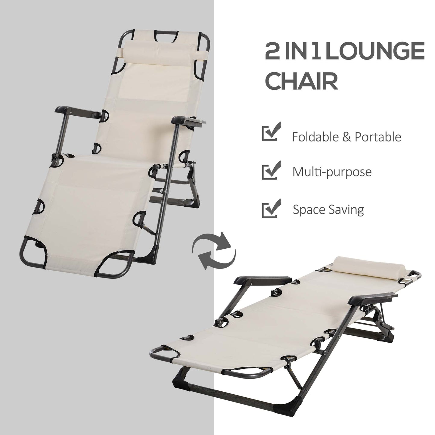 Cream in folding lounge chair with padded headrest and metal frame for outdoor relaxation