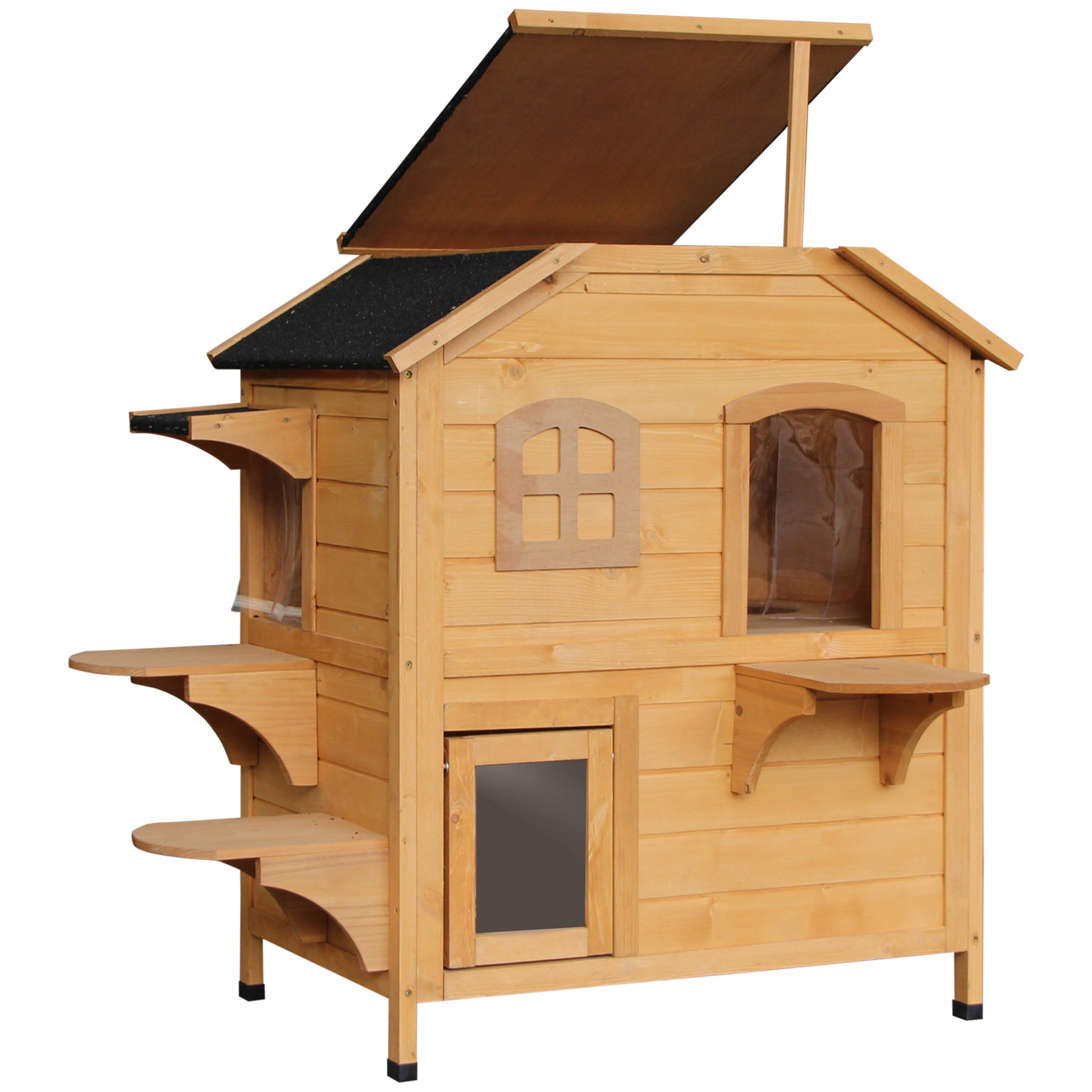 Wooden cat tree house with multiple levels and perches for outdoor play