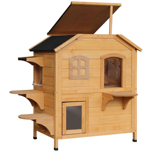 Wooden cat tree house with multiple levels and perches for outdoor play
