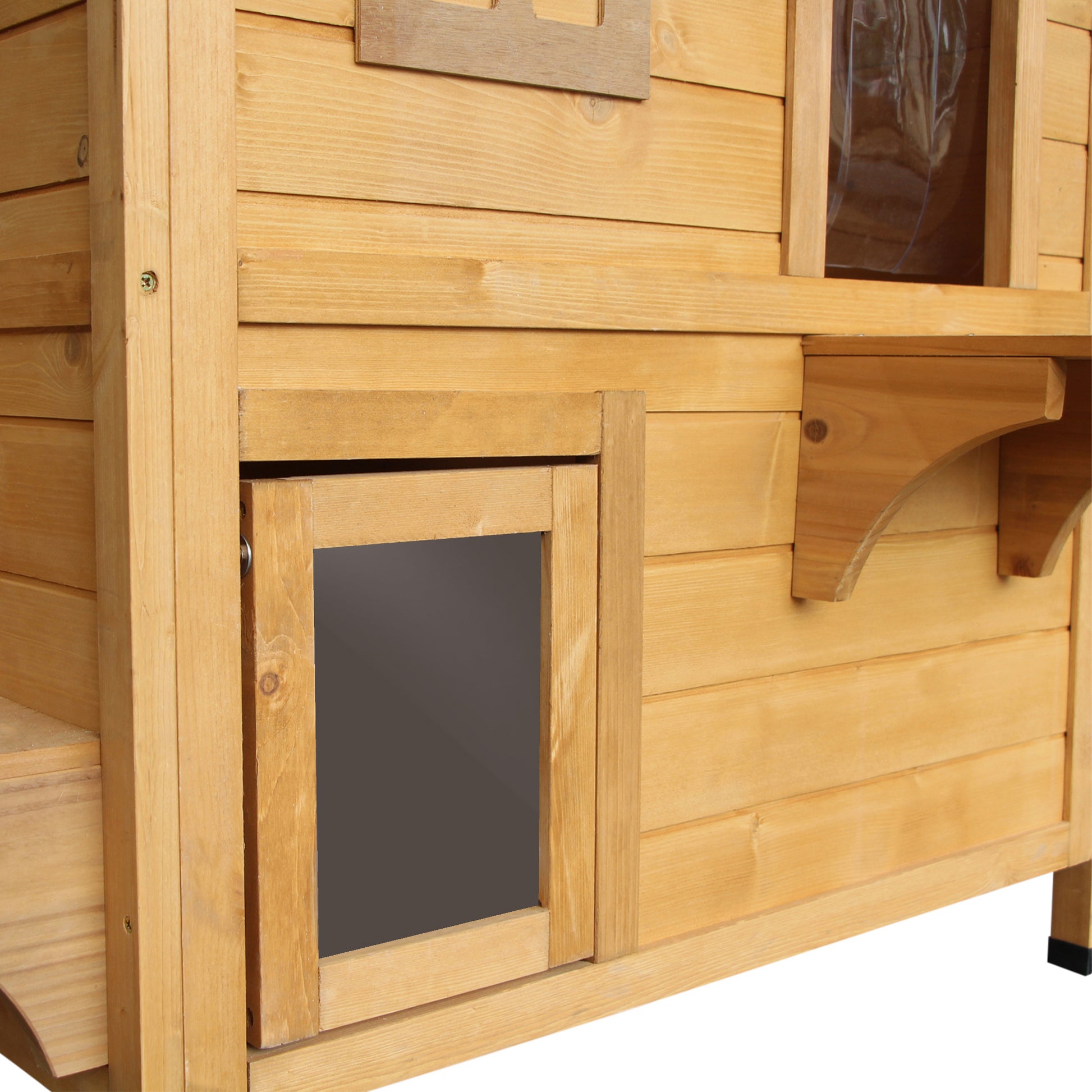 Wooden cat house with twotier design and clear plastic window panel
