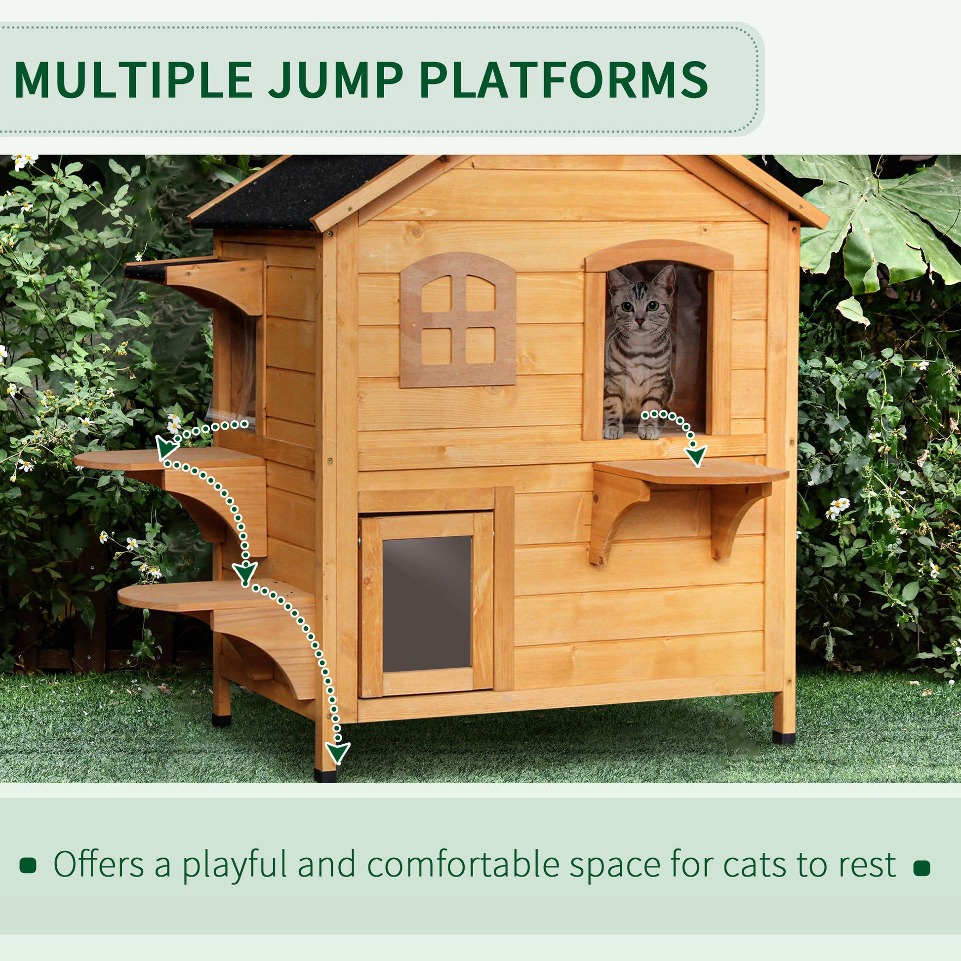 Wooden cat house with multiple platforms and a silver tabby cat looking out a window