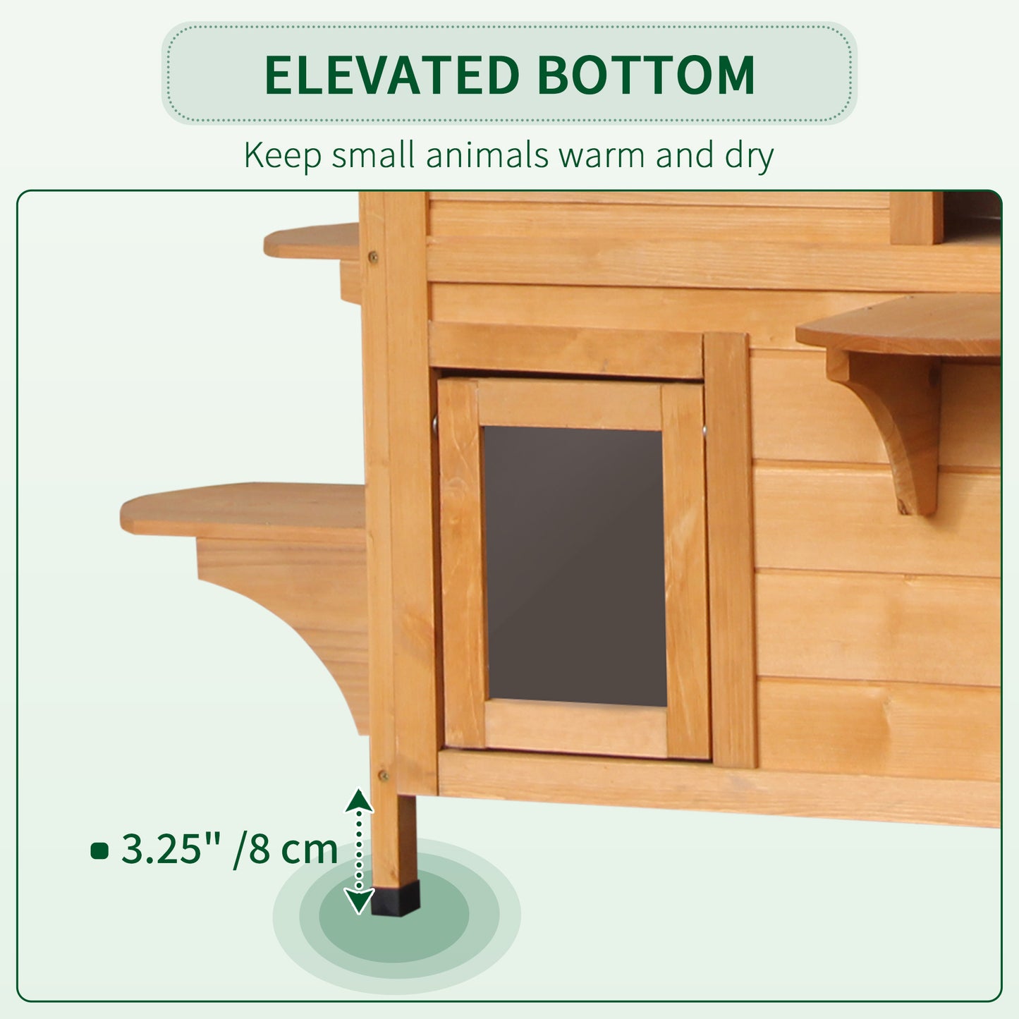 Wooden pet house with elevated bottom and side shelves  height