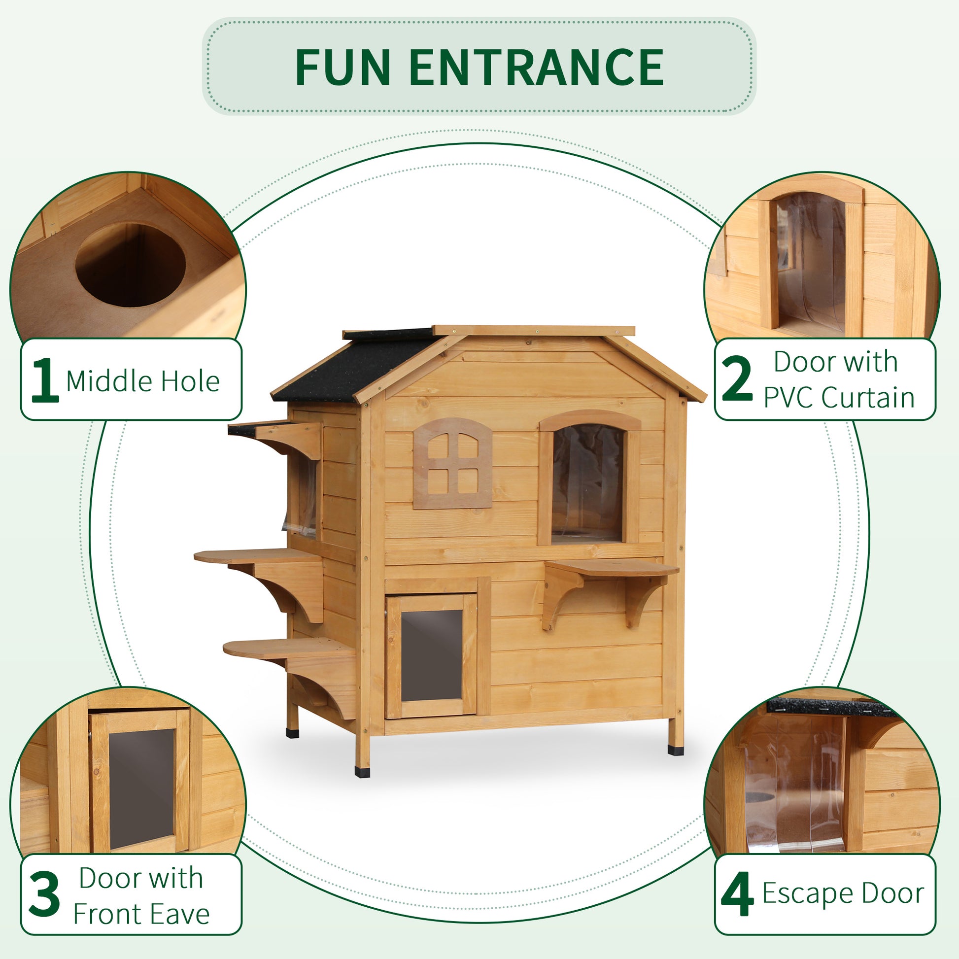 Wooden cat house with multilevel platforms and a middle hole for easy access