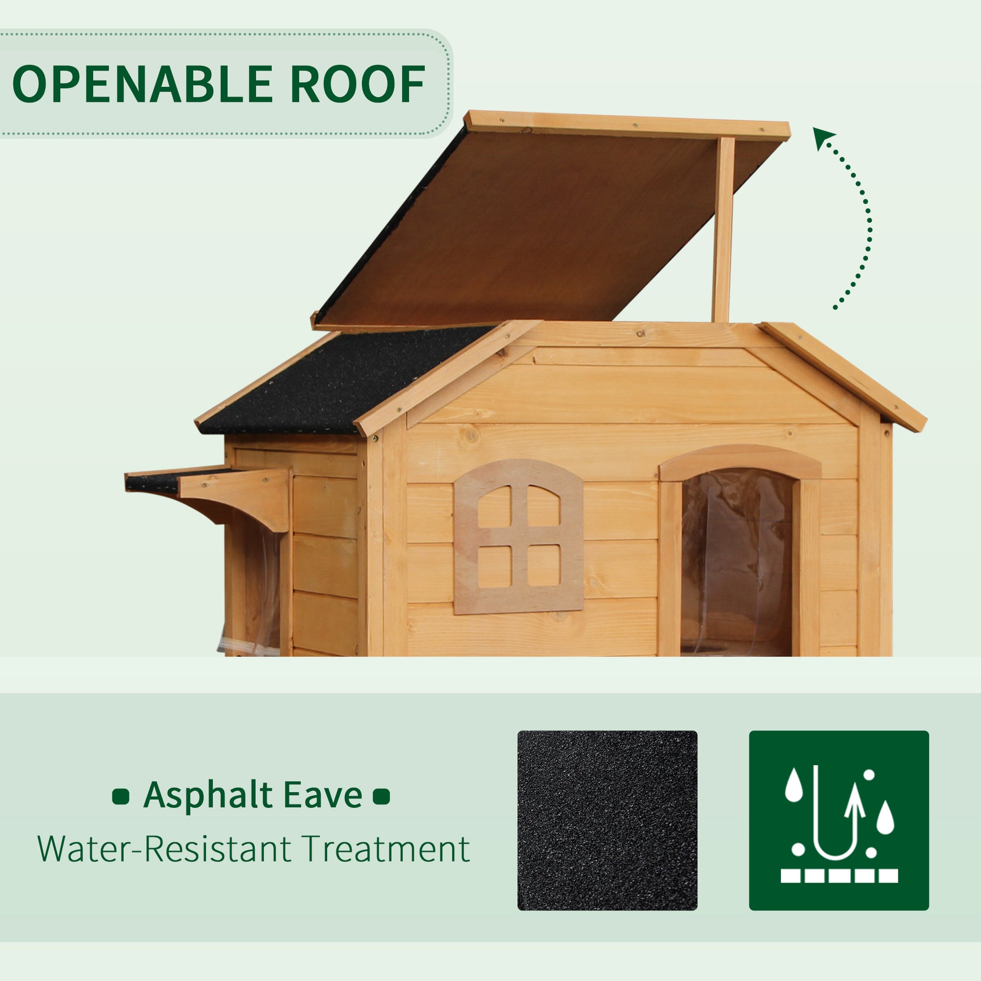 Wooden dog house with openable roof asphalt eave and waterresistant treatment