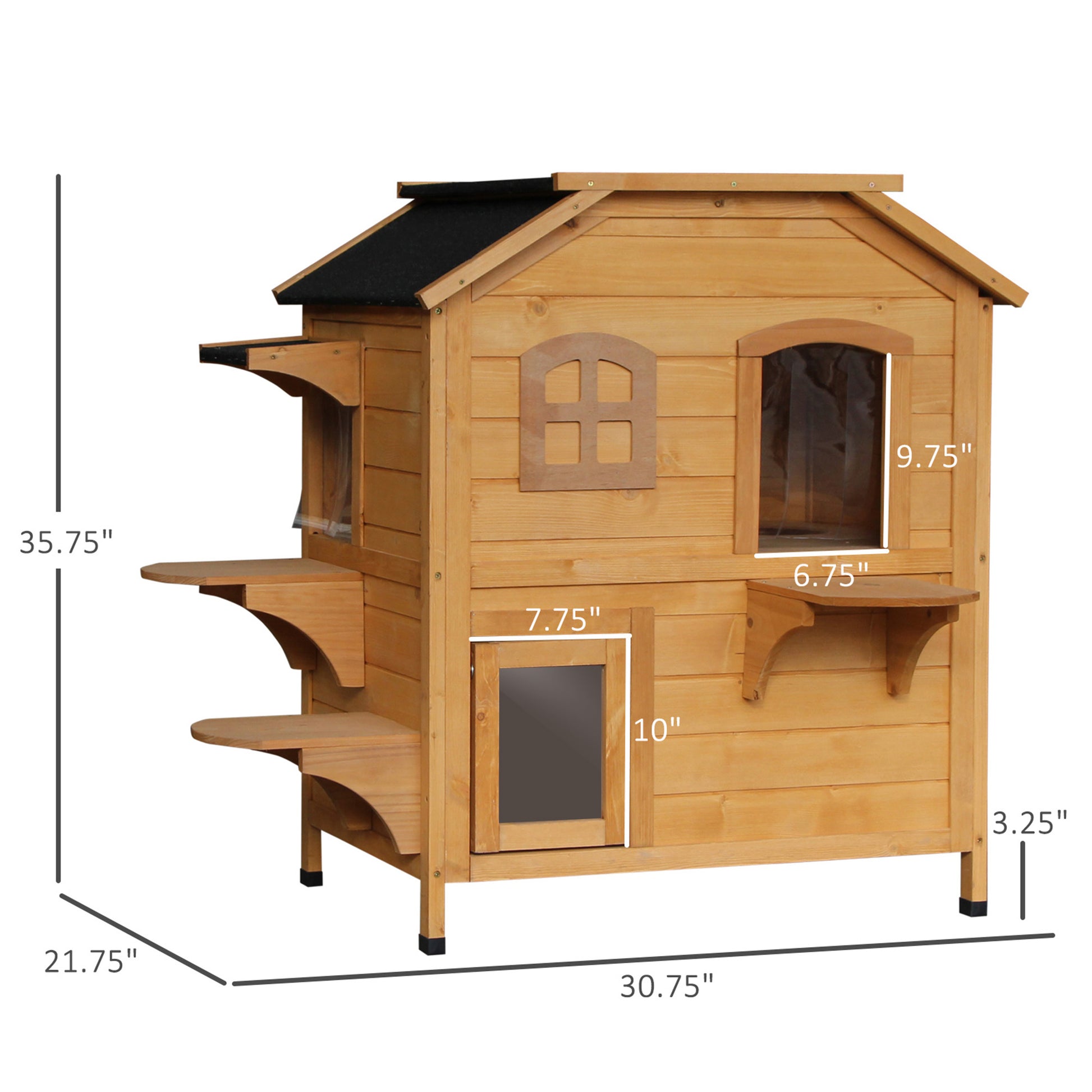 Wooden cat condo with multiple levels and windows ideal for indoor cats