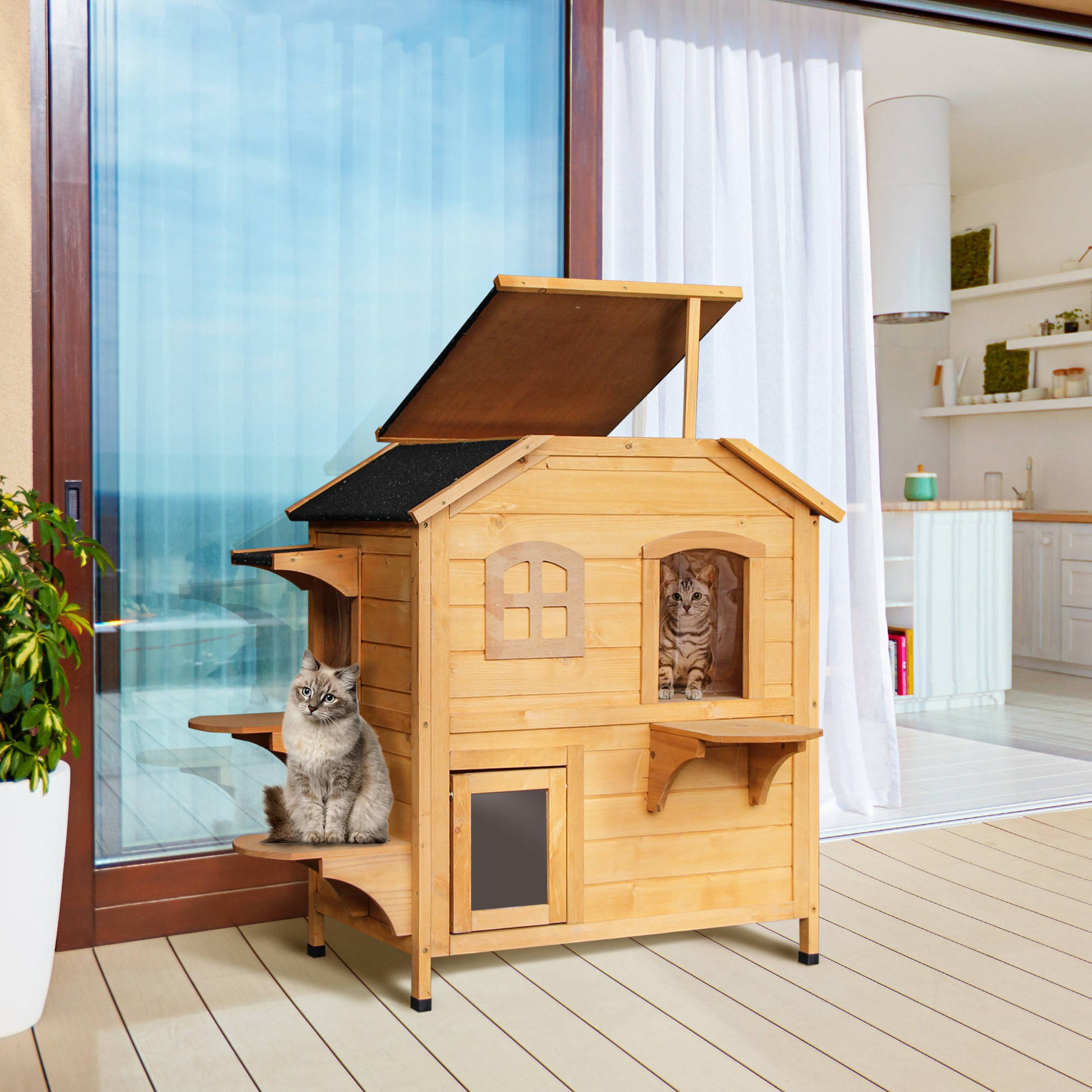 Wooden cat house with two levels featuring two cats outdoor furniture