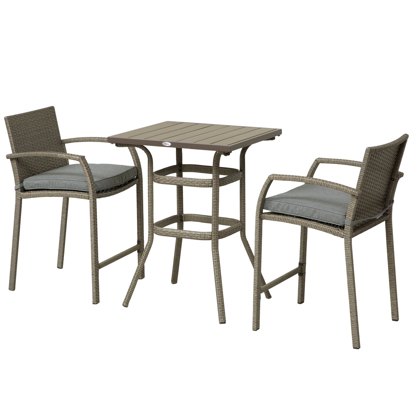 Gray wicker bar height table and chairs with cushions set for outdoor patio relaxation