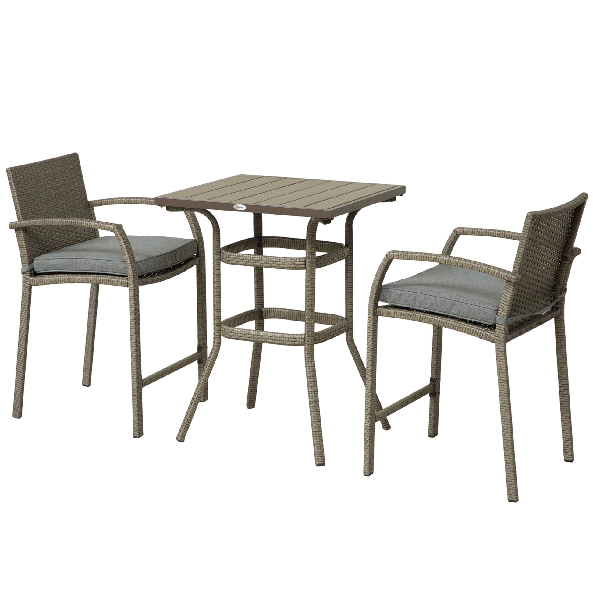 Gray wicker bar height table and chairs with cushions set for outdoor patio relaxation