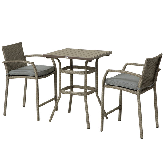 Gray wicker bar height table and chairs with cushions set for outdoor patio relaxation