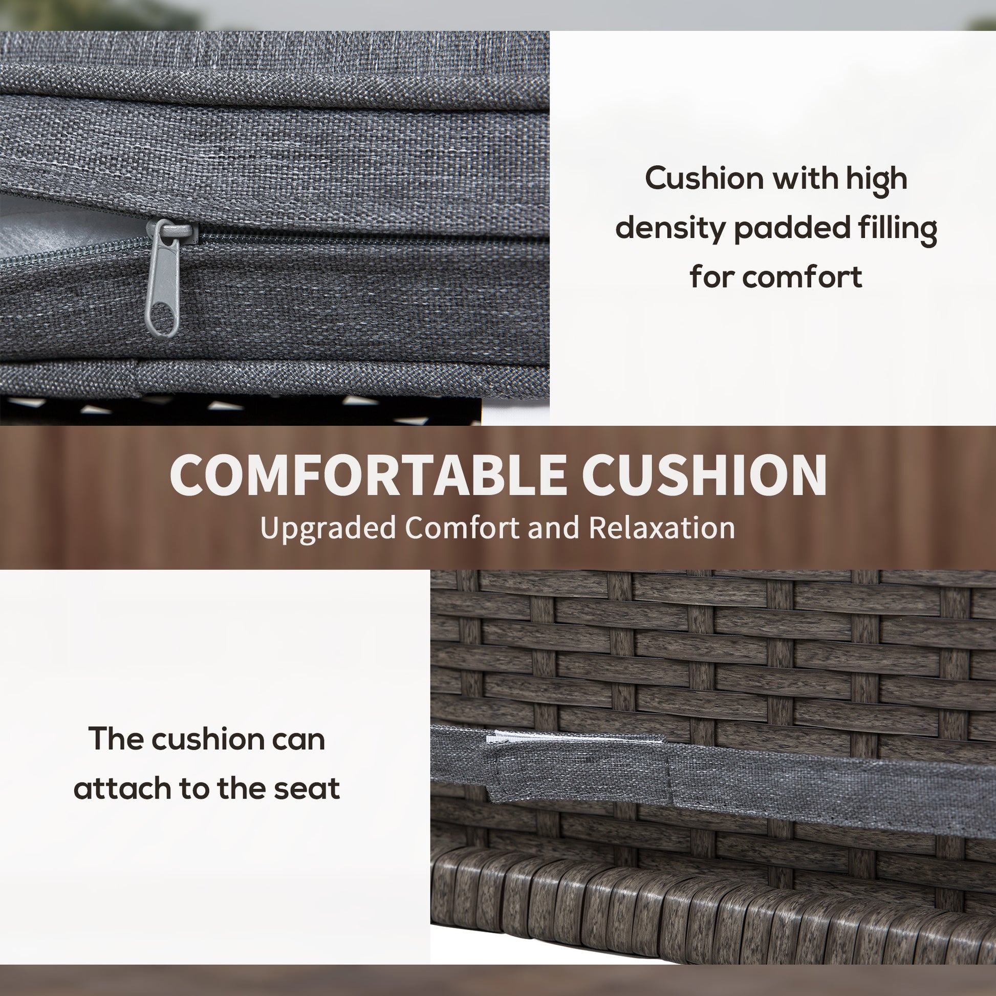 Closeup of dark gray woven cushion with visible zipper for outdoor furniture