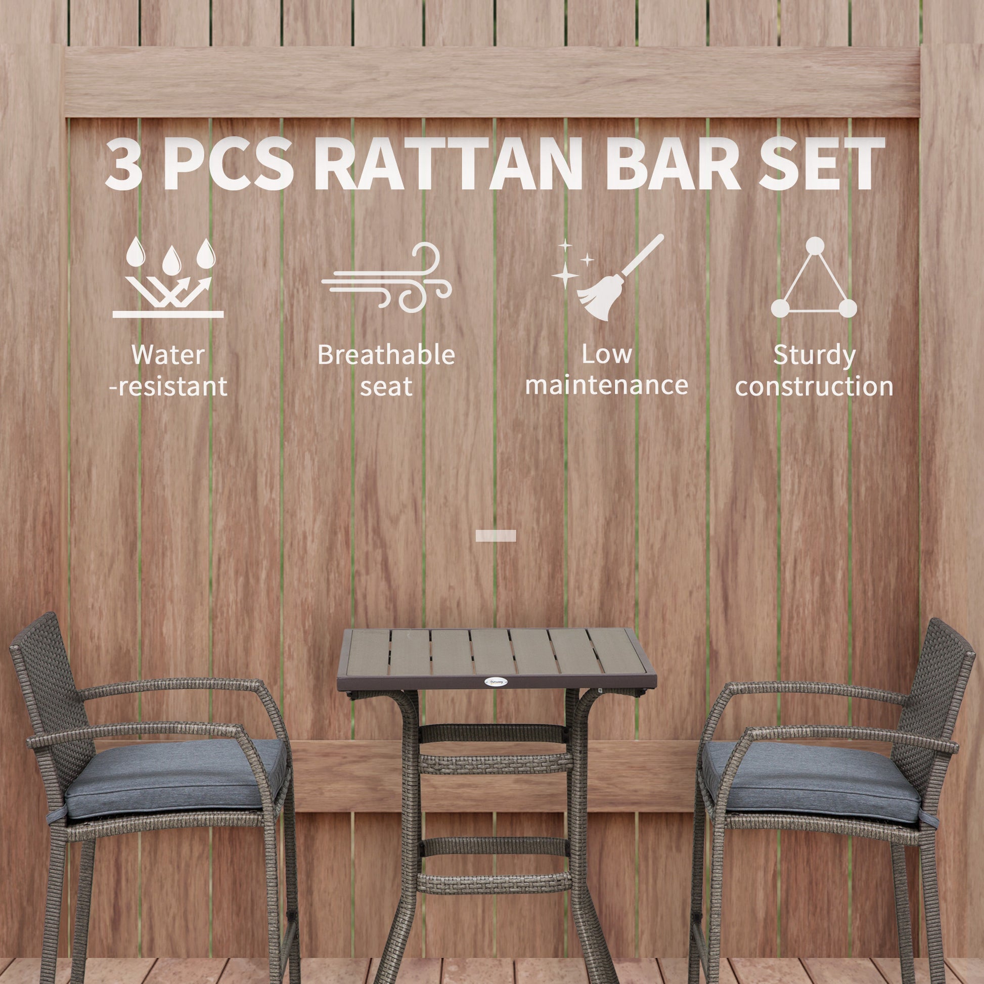 piece grey rattan bar set with cushioned stools on wooden deck
