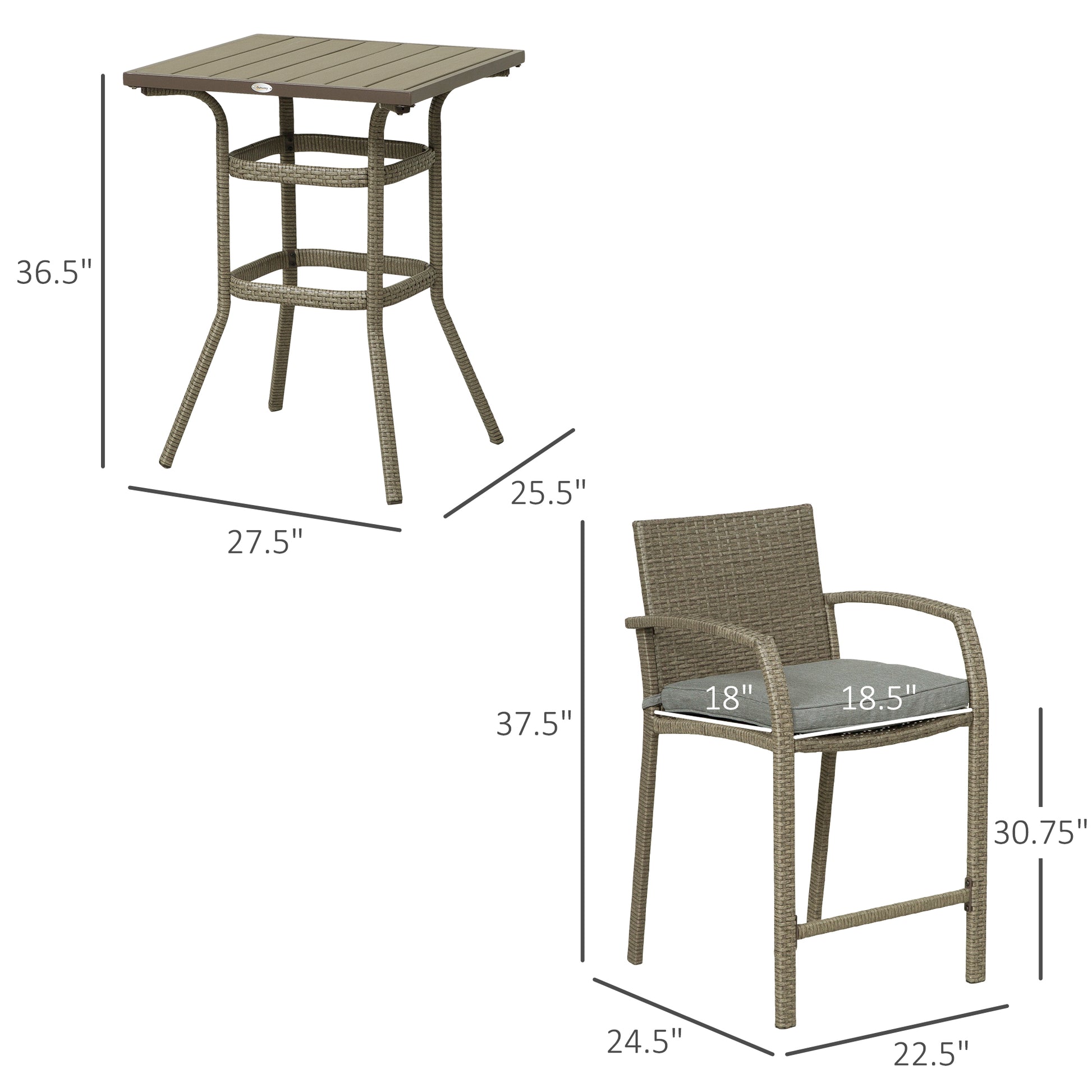 Square wicker patio bar table taupe finish with dimensions labeled  H x  W